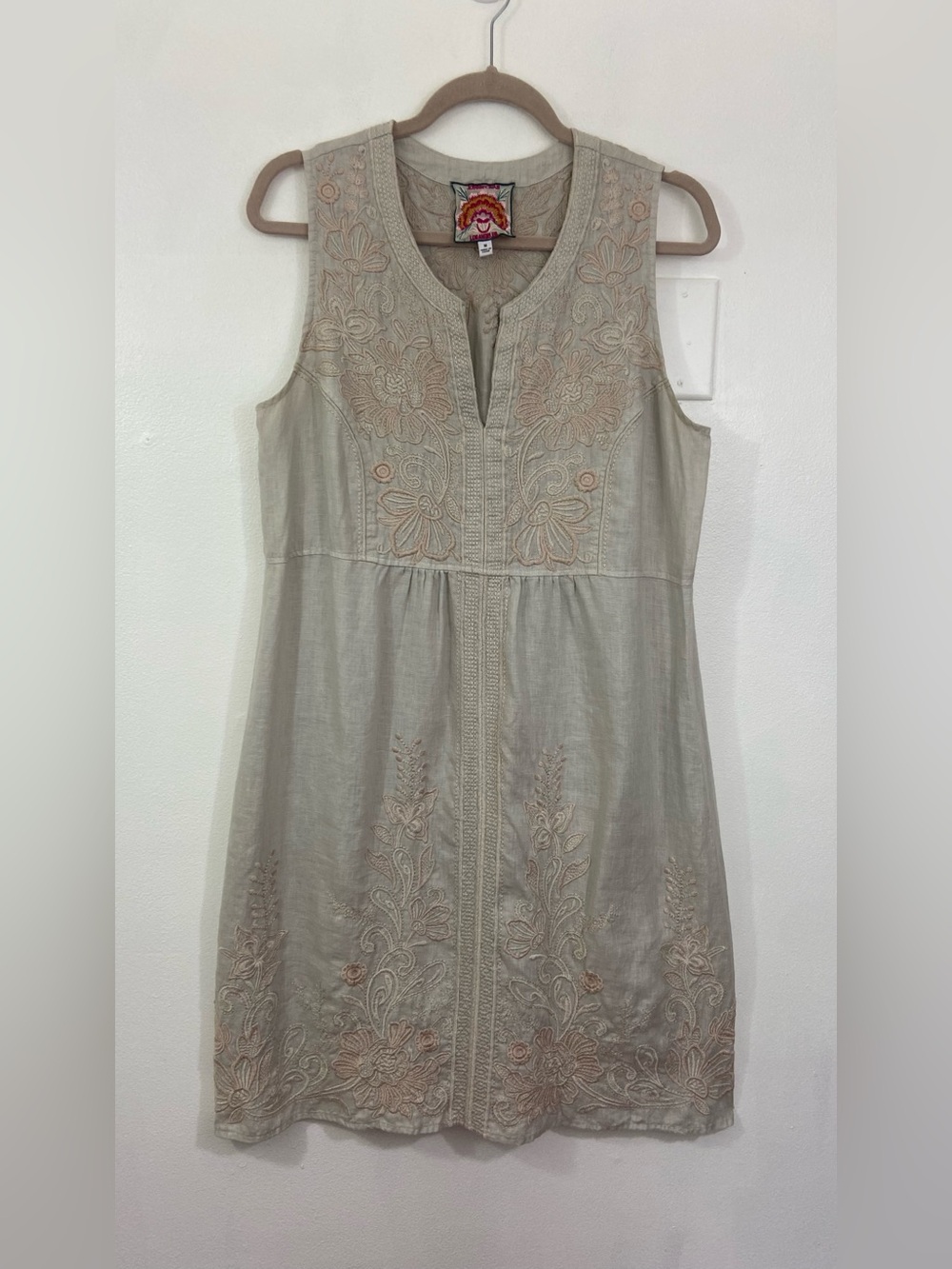 Johnny Was Women's Linen Tank Dress Embroidered Medium Boho Neutral Earthy